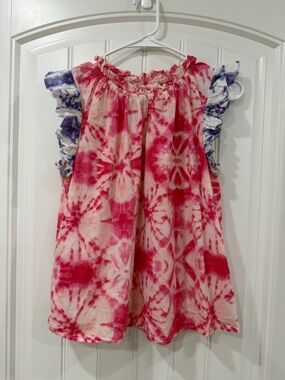 EUC THML Pink and Blue Tie-Dye Ruffle Sleeve Top